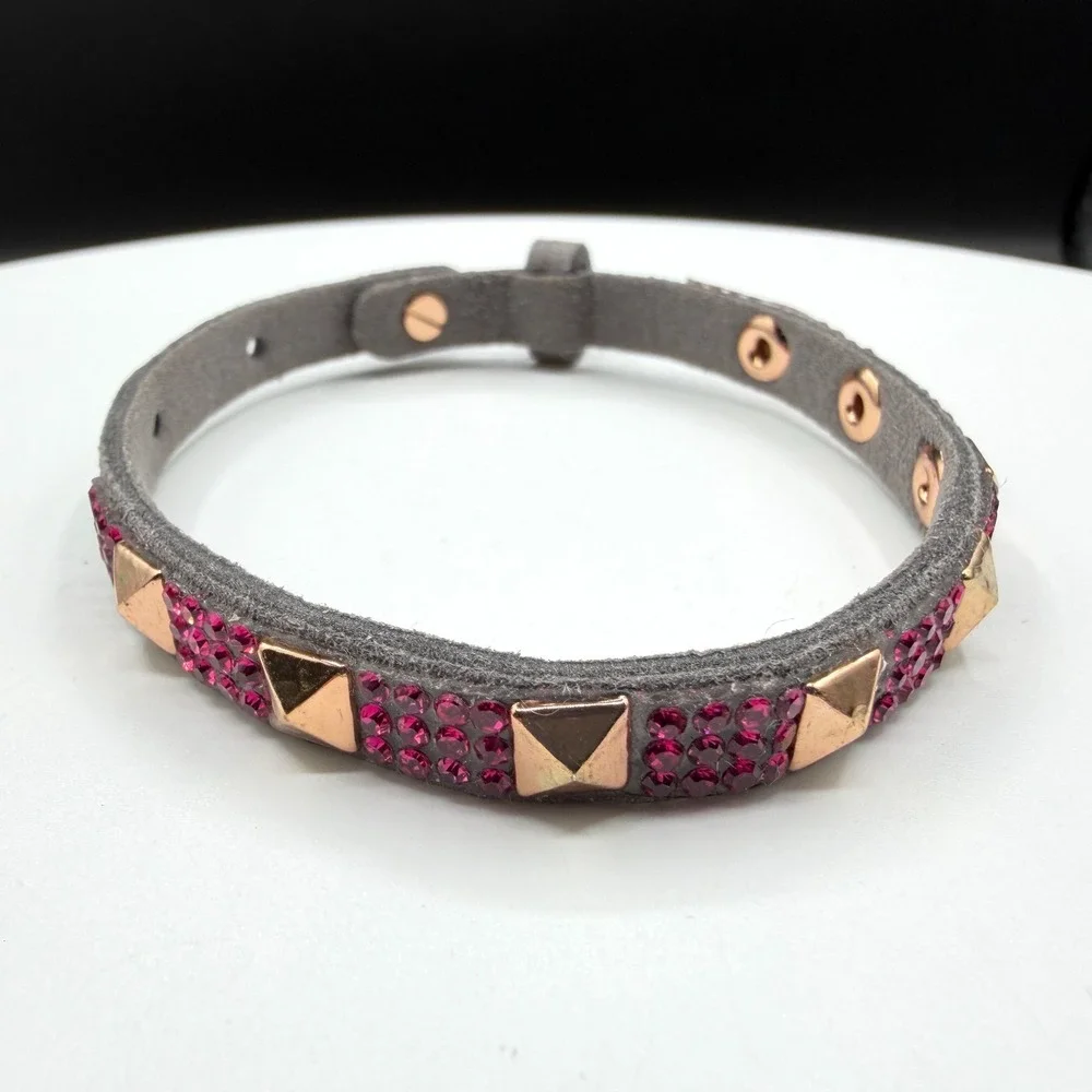 Gray Suede Studded Crystal Bracelet Rose Gold Tone Pink Rhinestone Gift Cuff
